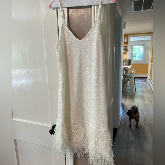 White Mini Sequin Dress with Faux Feathers size Medium - Picture 2 of 4